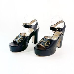GUCCI Black Charlotte Horsebit Leather Platform Heels Size 40.5 US 10.5 Sandals
